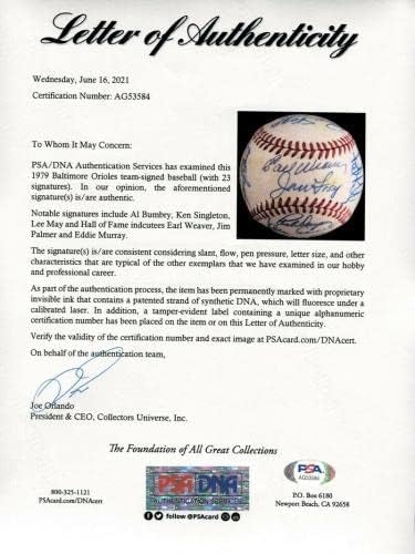 1979 година во Балтимор Ориолес Тим на шампиони во Американската лига потпиша бејзбол ПСА ДНК Коа - Автограмирани бејзбол