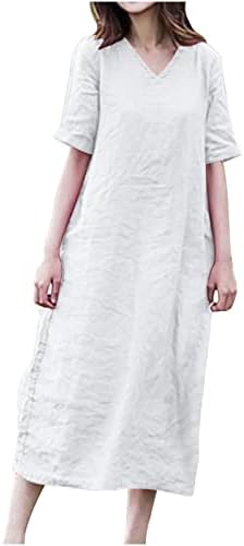 Бркви летни фустани за жени 2022 Врза од половината маичка фустан против вратот памучен постелнина за замав со краток ракав цврст кафтан
