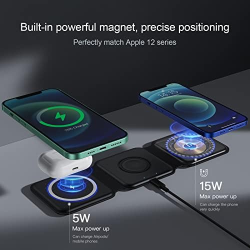 Манис Зуо 3 во 1 станица за полнење со магнетно безжично, преклопно брзо безжично полнење штанд за повеќе уреди за iPhone, компатибилен