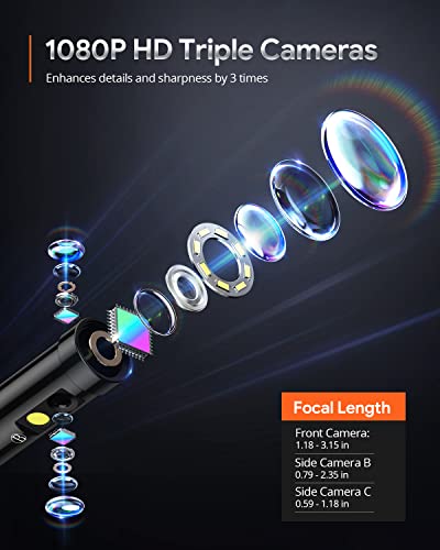 Depstech Triple Lens Borescope, 5 '' IPS Camera Camera Camera, 1080P HD ендоскопска камера со светлина, сплит екран, 16,5ft Flexible Gooseneck