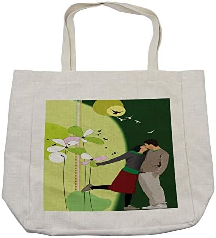 Ambesonne Бакнејќи торба за купување, апстрактна loveубовна композиција со девојче и момче што летаат птици цвеќиња модерни,
