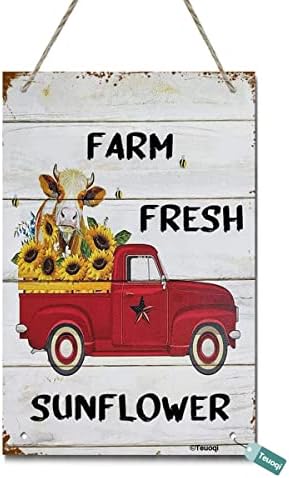 Teuoqi ретро дрво знак фарма свеж сончоглед гроздобер дрвен бар знак црвен камион новини крави знаци фарма куќа кујна wallид земја украс