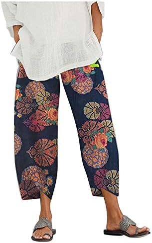 Капри панталони за жени памучни постелнини широки нозе каприс летен јога исечени панталони плажа еластична половината со панталони