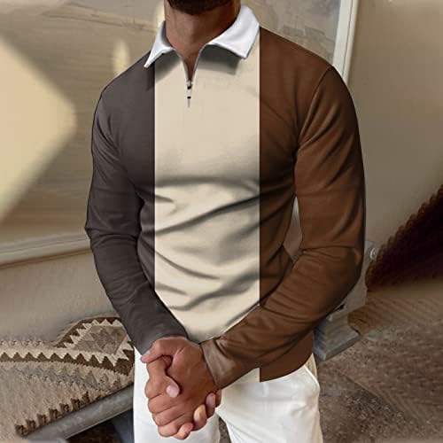 Xxbr машки поло кошули патент врат голф врвови со долг ракав тенок фит мускулен мрежен кошула во боја блок крпеница обична кошула