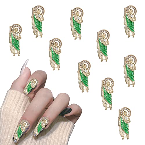 NiceNeeded San Judas Tadeo Nail Art Charms, 10 парчиња 3D големи зелени нокти rhinestones, метални легури за нокти накит за жени девојки акрилни