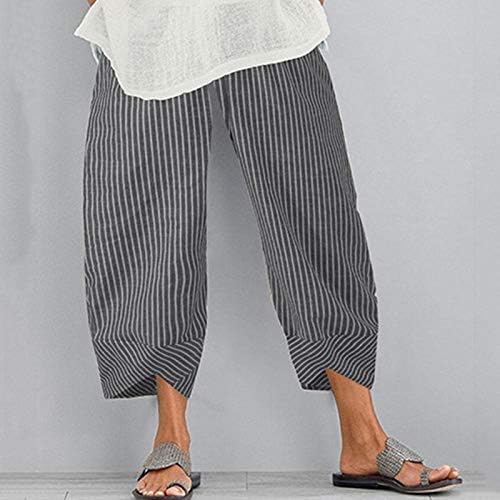 Здфер Капри панталони за жени памучни постелнини широки нозе Хареми Панталони со влечење Еластични панталони со џебови со џебови