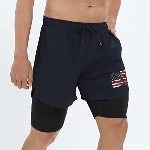Х ХИФОЛ Шорцеви За Трчање За Мажи Американско Знаме Патриотска Теретана За Вежбање Брзо Сушење Атлетски Шорцеви 2-во-1 со Џеб
