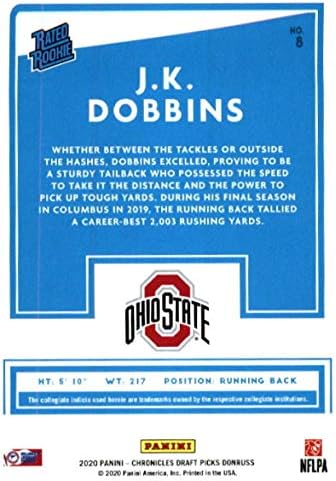 2020 година Панини Хроники Драфт избор на дебитанти за оценување на Донрус #8 Ј.К. Dobbins RC Rocie Ohio State Buckeys Football Trading Card
