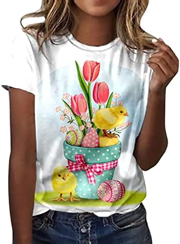 Womenените Велигденска тема маици со краток ракав, симпатични велигденски зајаче графички кошули О вратот Обични врвови блуза за лето