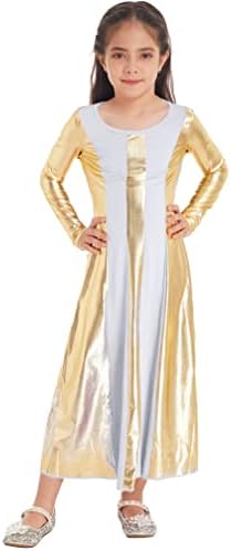 Агоки Девојки девојки металик лирски танц фустан со долг ракав со целосна должина црковно литургиско обожавање костум