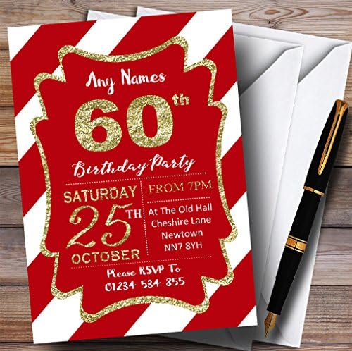 Црвени Бели Дијагонални Ленти Злато 60-Ти Персонализирани Покани За Роденденска Забава