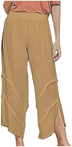 Високи половини широки панталони за нозе за жени лесни капри панталони памучни постелнини летни обични панталони со џебови со џебови