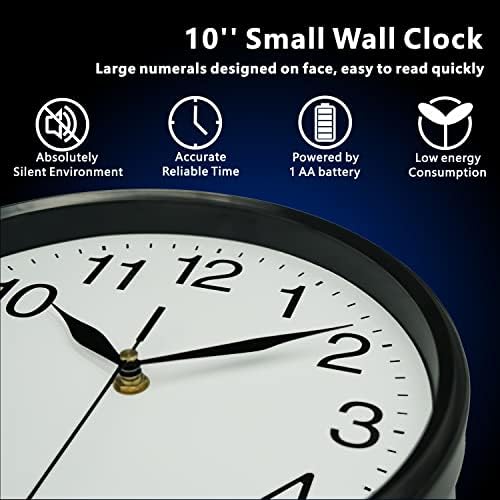 Diyzon Black Wallид часовник Молчи не -скокање 10 инчи квалитетен кварц часовник - Батерија управувана - лесна за читање - модерен