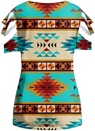 Women'sенски V врат врвови Обични лабави ладни кошули со ладно рамо, ретро западно Ацтек, графичка маица, исфрлена блуза со кратки ракави