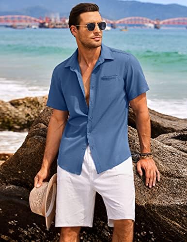Коофанди Менс Обичен постелнина кошула со краток ракав копче надолу со кошула летна плажа Хавајски кошули