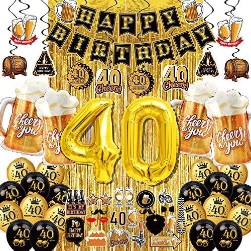 40-ти роденденски украси за мажи жени-Банер за забави со црно злато, 40 Инчни Златни Балони, 40-Ти Знак Латекс Балон, Раб Завеси и овации за