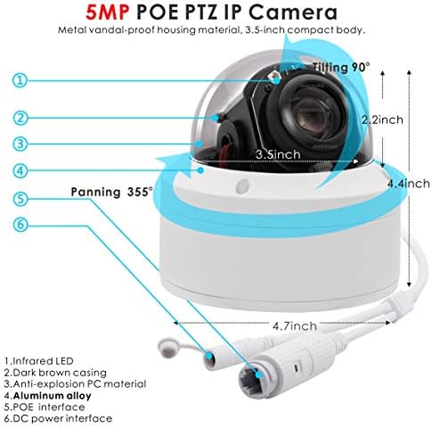 InWerang Security 5.0MP H.265 POE IP PTZ камера, компатибилен со HikVision, 5x 2,7-13,5 mm AF Lens, IP66 Водоотпорен на отворено/затворен