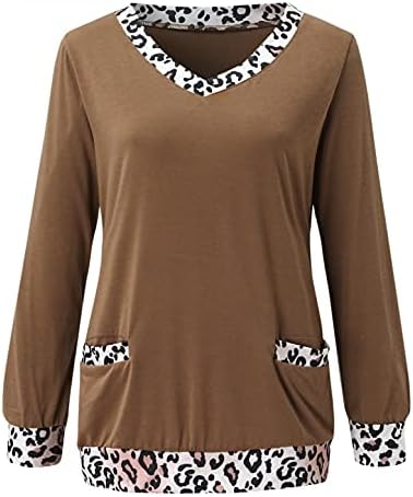 Jinfенски Vенски V вратот леопард заширање на врвови со блуза со блузи со долги ракави врвови блуза со џебови