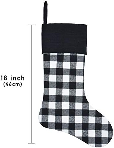 Сенени 6 пакувања Божиќни чорапи- 18 инчи црни бели биволи карирани божиќни чорапи со црна манжетна камин што виси чорапи за семејна Божиќна