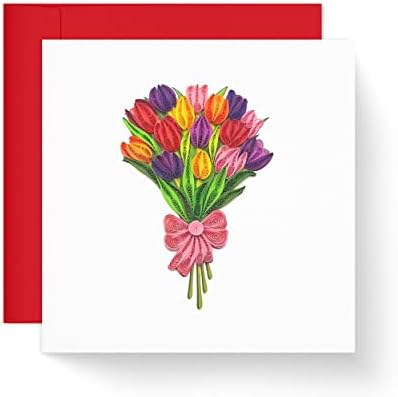 Цветна картичка Tumybee Tulip, брилијантна честитка за цвеќиња | Рачно изработена 3Д -Quilling картичка за Loveубов пријателка Мама роденден