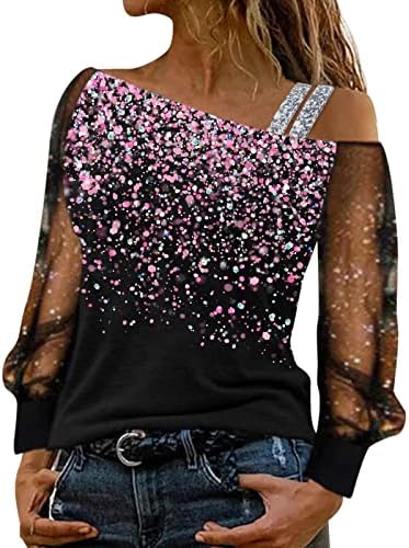 Божиќна мрежа долги ракави од маички за рамо, женски продолжени печати секси врвови кошули, случајни асиметрични роса на рамената