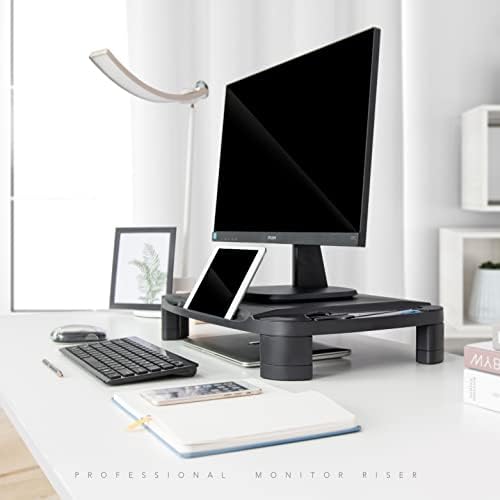 ЕХО монитор Стенд за подигнување за биро, прилагодлив за висина w/држач за телефон и таблети, лаптоп штанд со држач за складирање на канцелариски