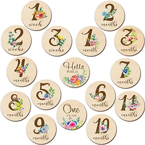 16 парчиња дрвени бебешки месечни пресвртници картички Флорални бебе месечни пресвртници Дискови со двојна еднострана месечна пресвртница