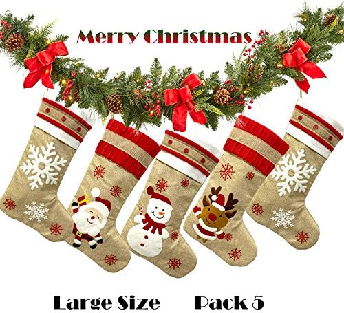 К-филм Божиќни чорапи 5 пакувања за семејство 19 ”Голем цртан филм„ Бурлап “Божиќно порибување за домашен декор рустикален фармерски