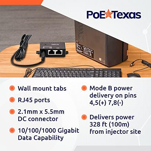 Инјекторот POE TEXAS POE - Единечна порта за напојување преку Етернет Пасивен адаптер POE - 10/100/1000 Gigabit Data - Вклучува 48V 15W напојување