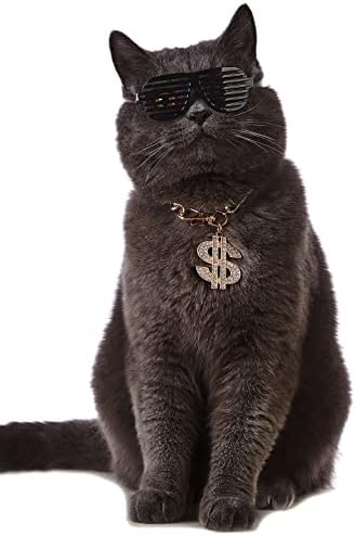 Импоси 2 парчиња јака од ланец на златни мачки со модни очила миленичиња смешни метални долари кученце одење ланец јака