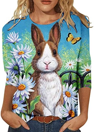 Велигденска кошула за зајаче за жени 3/4 врвови на ракави, симпатични маички за печатење, обични лабави лесни врвови на блузи