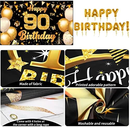 Црн и златен 90 -ти роденденски банер за позадина, екстра голема ткаенина црно злато среќно 90 -ти роденденски украси за мажи