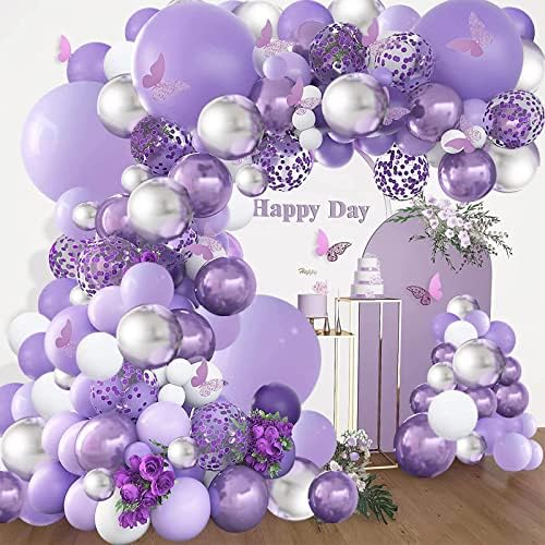 Виолетова Балони Венец Лак Комплет, 144 парчиња Лаванда Пурпурна Пастелно Виолетова Конфети Балони со Сребрена Бела Балони За Девојка