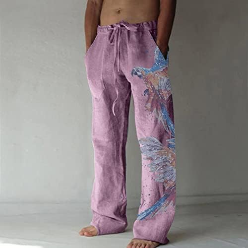 Машки памучни постелнини панталони машка лабава лабава вклопена права нозе, постелнини памучни панталони капри панталони со