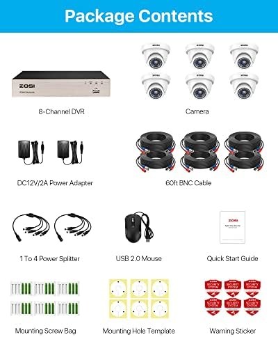 Zosi 8ch 1080p H.265+ Систем за безбедносна камера за дома, 5MP Lite 8 канал CCTV DVR и 6PCS 1080P 1920TVL 2MP Надзорна камера за надзор на отворено
