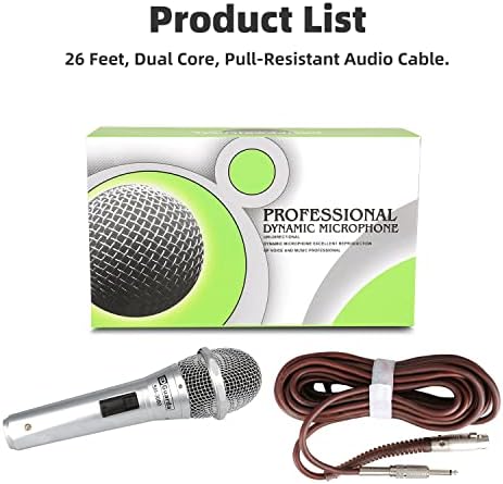 Carda Cardioid динамичен вокален микрофон со 26,3ft XLR кабел, метален рачен MIC компатибилен караоке машина/звучник/засилувач/миксер за пеење