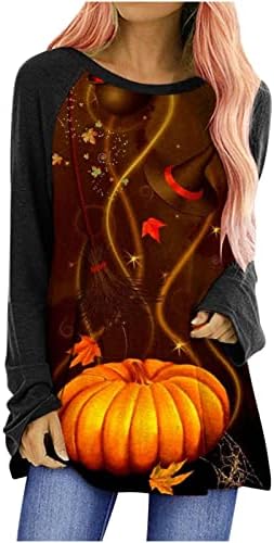 Маица со блуза за жени есен летен долг ракав 2023 трендовски памучен екипаж врат графички фестивал Ноќта на вештерките