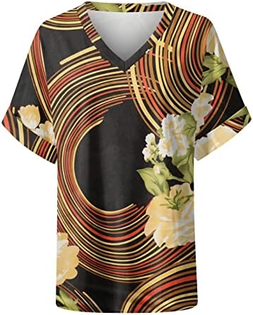 Women'sенски 2023 лето V вратот лабава удобни маички модни обични кошули врвови блузи со кратки ракави за цвеќиња со цвеќиња од цвеќиња