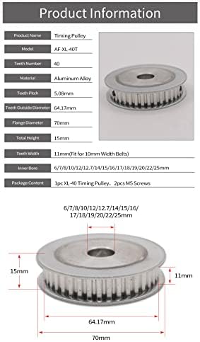 Алуминиумска легура на Fetiya 1pc алуминиум AF тип XL 40 заби 6-25мм Внатрешна дупка забодена макара 11мм ширина 5.08мм Синхроно тркало на тркалото