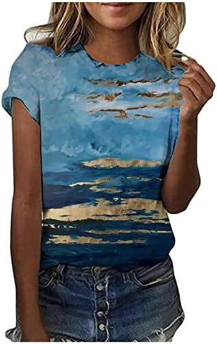 Женски обичен екипаж врат шарен пејзаж цветни печати маица ретро летно сликарство печати краток ракав бохо кошула