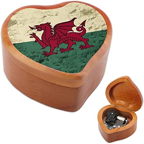 Гроздобер Велшкото знаме Дрвена музичка кутија со форма на срцева форма на музички кутии гроздобер дрвена кутија за подарок