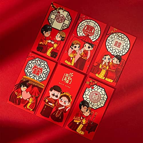 Baiwovis Црвени Коверти За Кинеска Свадба-6 Парчиња Среќни Пари Пликови со Желби, 6 различни гроздобер Симпатична Цртан Филм Невестата И