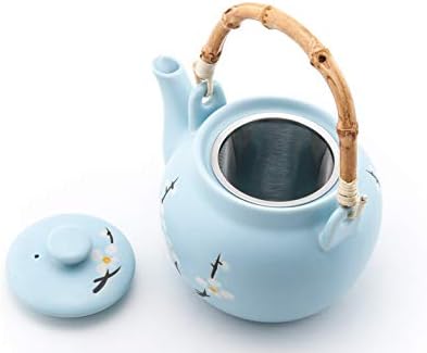 Јапонски сушун рана пролет цреша цвета дизајн небо сина ориентална стил керамички чајник со рачка од ратан 40 fl oz чај сад котел