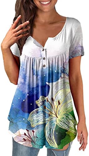 Женски бохо врвови плус големина 1/4 копче надолу маици со краток ракав лето лабава ретро цветни печати пуловер туники