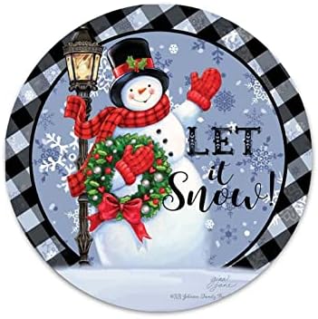 Оставете го снегот црно -бел кариран снежен човек со ламба пост метален венец знак 9 инчи тркалезна метална лента за знаци семејство
