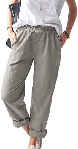 Женски панталони панталони постелнина салон со висока половината со еластична половината на половината, обични панталони за летни