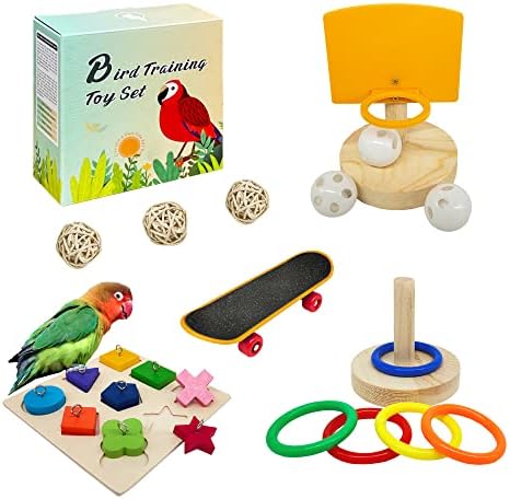 Играчки за птици за паракети, 5 парчиња играчки за папагали （Вклучи играчка за кошарка за птици 、 Птици -скејтборд за птици 、 играчка
