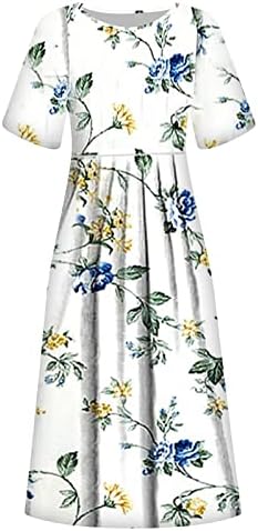 Обични фустани на Nokmopo за жени, женски летен обичен моден печатен краток ракав 2022 O-врат џеб фустан