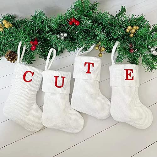 7 Инчи Монограм Божиќно Порибување Прилагодено Мало Везено Писмо Плетете Бели Божиќни Чорапи Украси За Семеен Празник Божиќна Забава