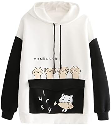 Miashui жени џемпери пролетни кошули пуловер симпатична мачка долга ракав блузи Туника врвови печати пад на качулка уво случајно вклопување
